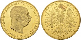 RDR / ÖSTERREICH
Franz Joseph I. 1848-1916. 100 Kronen 1909, Wien. 33.86 g. Schl. 651. Fr. 507. Winzige Kratzer / Minor scratches. Vorzüglich-FDC / E...