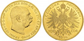 RDR / ÖSTERREICH
Franz Joseph I. 1848-1916. 100 Kronen 1914, Wien. 33.88 g. Schl. 656. Fr. 507. Selten. Nur 1'195 Exemplare geprägt / Rare. Only 1'19...
