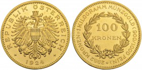 RDR / ÖSTERREICH
I. Republik. 1918-1938. 100 Kronen 1924, Wien. 33.88 g. Schl. 676. Fr. 518. Selten. Nur 2'851 Exemplare geprägt / Rare. Only 2'851 p...