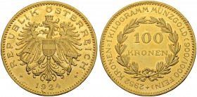 RDR / ÖSTERREICH
I. Republik. 1918-1938. 100 Kronen 1924, Wien. Schl. 676. 33.84 g. Fr. 518. Selten. Nur 2'851 Exemplare geprägt / Rare. Only 2'851 p...
