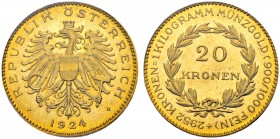 RDR / ÖSTERREICH
I. Republik. 1918-1938. 20 Kronen 1924, Wien. Schl. 678. Fr. 519. Selten / Rare. PCGS MS66. (~€ 1280/~US$ 1580)