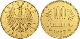 RDR / ÖSTERREICH
I. Republik. 1918-1938. 100 Schilling 1927, Wien. 23.53 g. Schl. 680. Fr. 520. Vorzüglich-FDC / Extremely fine-uncirculated. (~€ 685...