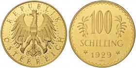 RDR / ÖSTERREICH
I. Republik. 1918-1938. 100 Schilling 1929, Wien. 23.52 g. Schl. 682. Fr. 520. Von polierten Stempeln, fast FDC / From polished dies...