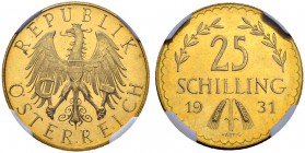 RDR / ÖSTERREICH
I. Republik. 1918-1938. 25 Schilling 1931, Wien. Schl. 692. Fr. 521. NGC MS64. (~€ 190/~US$ 235)