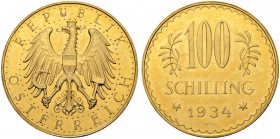 RDR / ÖSTERREICH
I. Republik. 1918-1938. 100 Schilling 1934, Wien. 23.53 g. Schl. 686. Fr. 520. Fast FDC / About uncirculated. (~€ 685/~US$ 840)