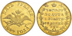 RUSSLAND
Kaiserreich und Föderation. Nikolaus I. 1825-1855. 5 Rubel 1829, St. Petersburg. Bitkin 4. Fr. 154. PCGS AU58. (~€ 1280/~US$ 1580)