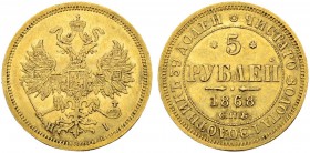 RUSSLAND
Kaiserreich und Föderation. Alexander II. 1855-1881. 5 Rubel 1868, St. Petersburg. 6.56 g. Bitkin 16. Schl. 127. Fr. 163. Sehr schön / Very ...