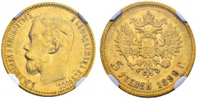 RUSSLAND
Kaiserreich und Föderation. Nikolaus II. 1894-1917. 5 Rubel 1899, St. Petersburg, O3. Bitkin 24. Fr. 180. NGC AU55. (~€ 120/~US$ 145)