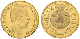SCHWEDEN
Karl XV. 1859-1872. Carolin / 10 Francs 1868, Stockholm. 3.21 g. Schl. 100. Fr. 92. Sehr schön / Very fine. (~€ 215/~US$ 265)