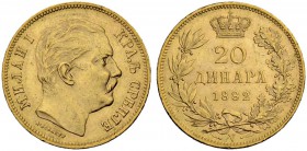 SERBIEN
Michael Obrenovitch IV. (I.), 1868-1889. 20 Dinara 1882 V, Wien. 6.44 g. Schl. 2. Fr. 4. Gutes vorzüglich / Good extremely fine. (~€ 215/~US$...