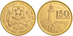 SINGAPUR
Republik, seit 1965. 150 Dollars 1969. 150. Jahrestag der Stadtgründung. 24.83 g. Fr. 1. FDC / Uncirculated. (~€ 725/~US$ 895)