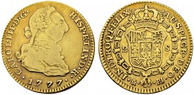 SPANIEN
Königreich. Carlos III. 1759-1788. 2 Escudos 1777, PJ-Madrid. 6.68 g. Cayon 12468. Fr. 286. Sehr schön / Very fine. (~€ 215/~US$ 265)
