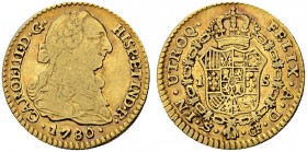 SPANIEN
Königreich. Carlos III. 1759-1788. 1 Escudo 1780, CF-Sevilla. 3.32 g. Cayon 12308. Fr. 289. Sehr schön / Very fine. (~€ 105/~US$ 125)