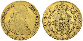 SPANIEN
Königreich. Carlos IV. 1788-1808. 1 Escudo 1793, MF-Madrid. 3.33 g. Cayon 14030. Fr. 298. Sehr schön / Very fine. (~€ 105/~US$ 125)