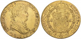 SPANIEN
Königreich. Fernando VII. 1808-1833. 8 Escudos 1811, CI-Cadiz. Ohne Punkt vor HISP. Without dot before HISP. 27.02 g. Cayon 16384. Fr. 305. S...