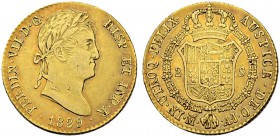 SPANIEN
Königreich. Fernando VII. 1808-1833. 2 Escudos 1829, AJ-Madrid. 6.72 g. Cayon 16299. Schl. 129. Fr. 315. Sehr schön / Very fine. (~€ 215/~US$...
