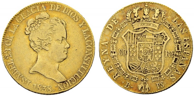 SPANIEN
Königreich. Isabella II. 1833-1868. 80 Reales 1838, PS-Barcelona. 6.66 ...
