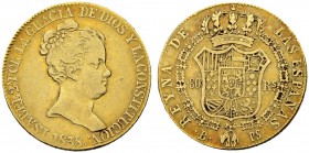 SPANIEN
Königreich. Isabella II. 1833-1868. 80 Reales 1838, PS-Barcelona. 6.66 g. Cayon 17299. Schl. 195. Fr. 324. Sehr schön / Very fine. (~€ 205/~U...