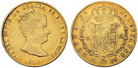 SPANIEN
Königreich. Isabella II. 1833-1868. 80 Reales 1845, PS-Barcelona. 6.75 g. Cayon 17335. Schl. 204. Fr. 324. Sehr schön / Very fine. (~€ 205/~U...