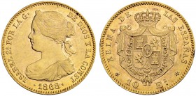SPANIEN
Königreich. Isabella II. 1833-1868. 10 Escudos 1868 (1868), Madrid. 8.40 g. Schl. 267. Fr. 336. Vorzüglich / Extremely fine. (~€ 255/~US$ 315...