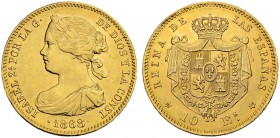 SPANIEN
Königreich. Isabella II. 1833-1868. 10 Escudos 1868 (1868), Madrid. 8.38 g. Schl. 267. Fr. 336. Vorzüglich / Extremely fine. (~€ 255/~US$ 315...