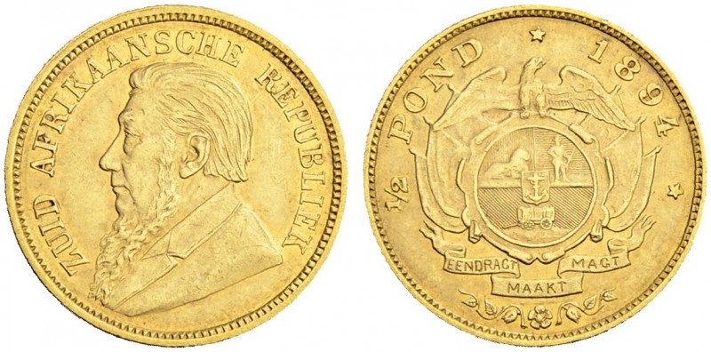 SÜDAFRIKA
Zuid Afrikaansche Republiek, 1852-1902. 1/2 Pound 1894, Pretoria. 3.9...