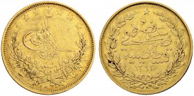 TÜRKEI
Murad V. 1876. 100 Piaster 1293 H, Jahr 1 (1876-1877), Konstantinopel. 7.17 g. Schl. 420. Fr. 133. Sehr schön / Very fine. (~€ 215/~US$ 265)...