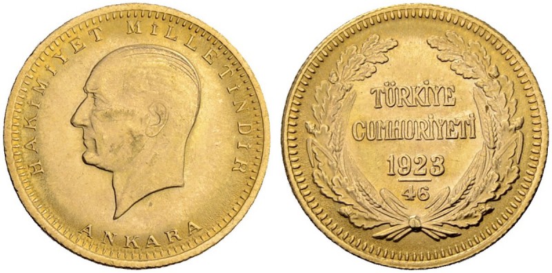 TÜRKEI
Republik, seit 1923. 100 Piaster 1923 AH, Jahr 46 (1969). 7.25 g. Schl. ...