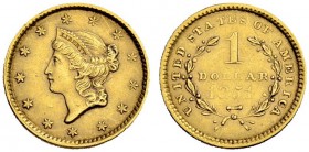USA
1 Dollar 1851, Philadelphia. Liberty head type. 1.67 g. Fr. 84. Kleine Kratzer / Small scratches. Sehr schön / Very fine. (~€ 105/~US$ 125)