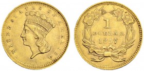 USA
1 Dollar 1857, Philadelphia. Large Indian head type. 1.68 g. Fr. 94. Kleine Kratzer / Small scratches. Sehr schön-vorzüglich / Very fine-extremel...