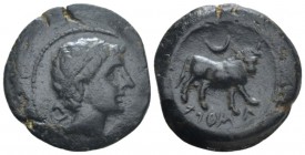 Hispania, Castulo Bronze before 214-212, Æ 24mm., 7.61g. Laureate male head r. Rev. Bull standing r.; crescent above. CNH p. 331, 2. SNG BM Spain 1223...