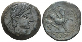 Hispania, Castulo Bronze late II century BC, Æ 25mm., 13.62g. Diademed male head r.; to r., facing hand. Rev. Sphinx advancing r.; star to r. CNH 38. ...