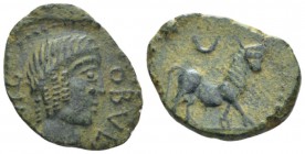 Hispania, Obulco Bronze I century BC, Æ 23mm., 5.83g. Laureate head of Apollo r. Rev. Bull advancing r., head facing; crescent above. CNH 81. SNG BM S...