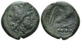 Frentani, Larinum Quadrunx circa 210-175, Æ 21mm., 8.29g. Laureate head of Zeus r. Rev. Eagle standing r. on thunderbolt; four pellets below. SNG ANS ...