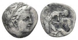 Campania, Neapolis Obol circa 320-300, AR 10mm., 0.51g. Male head r., hair bound with taenia. Rev. Heracles kneeling r., strangling Nemean lion. SNG A...