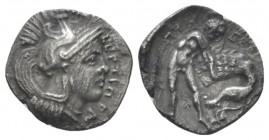 Apulia, Herdonia (?) Diobol End IV-early III cent. BC, AR 12mm., 0.80g. Head of Athena r., wearing Attic helmet decorated with hippocamp. Rev. Heracle...