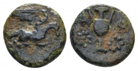 Apulia, Uxentum Bronze circa 150-125,, Æ 10mm., 0.94g. Eagle standing r. on thunderbolt, with wings spread. Rev. Amphora; stars flanking. Historia Num...