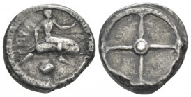 Calabria, Tarentum Nomos circa 480-470, AR 18mm., 6.97g. Oecist on dolphin r., raising l. hand and resting l. on dolphin's back; below, pecten. Rev. F...