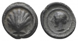 Calabria, Tarentum Litra circa 470-450, AR 9mm., 0.79g. Shell within linear circle. Rev. Female head l. within linear circle. Vlasto 1147-8. Historia ...