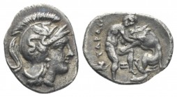Calabria, Tarentum Diobol circa 325-280, AR 13mm., 0.97g. Head of Athena r., wearing Attic helmet, decorated with hippocamp. Rev. Heracles r., strangl...