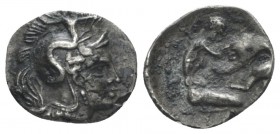 Calabria, Tarentum Diobol circa 325-280, AR 11mm., 0.67g. Head of Athena r., wearing crested helmet decorated with Skylla. Rev. Heracles standing r., ...