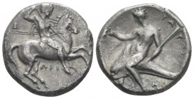Calabria, Tarentum Nomos circa 315-300, AR 22.5mm., 7.70g. Naked ephebos on prancing horse r., holding in l. hand, reins, shield and two spears and st...