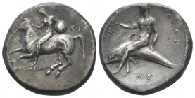 Calabria, Tarentum Nomos circa 302-280, AR 21mm., 7.74g. , AR 21mm, 7.74g. Horseman l., holding shield. Rev. Dolphin rider l. holding wreath. Vlasto 6...