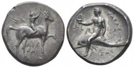 Calabria, Tarentum Nomos circa 281-270, AR 23mm., 7.51g. Pacing horse r., crowned by rider; in l. field, ΣΑ and below horse, ΑΡΕ / ΘΩΝ. Rev. ΤΑΡΑΣ Dol...