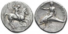 Calabria, Tarentum Nomos circa 281-270, AR 21.5mm., 7.85g. Horseman r., spearing downwards. Rev. Dolphin rider l., holding cantharus. Historia Numorum...