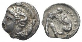 Lucania, Heraklea Diobol circa 433-330, AR 12mm., 1.12g. Head of Athena l., wearing Attic helmet decorated with Skylla. Rev. Herakles standing r., wre...