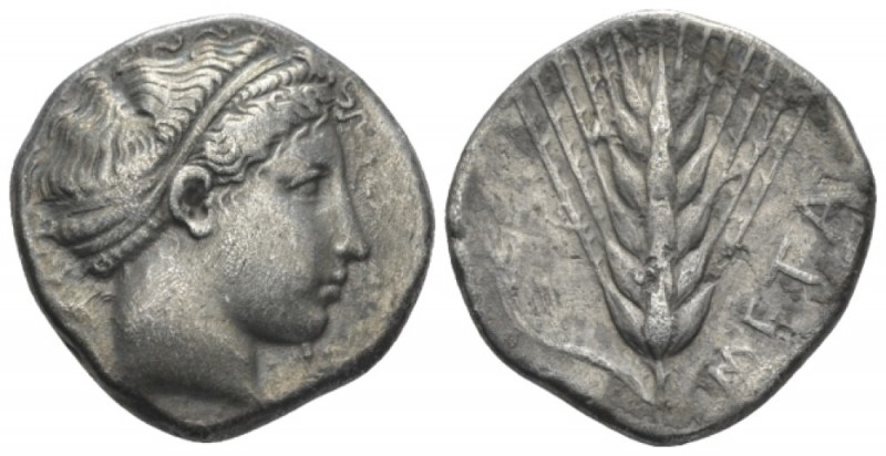 Lucania, Metapontum Nomos circa 430-400, AR 22mm., 7.33g. Head of Demeter r., ha...