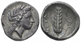 Lucania, Metapontum Nomos circa 330-290, AR 20mm., 7.73g. Barley-wreathed head of Demeter right. Rev. Ear of Barley. Johnston C 9.1. Historia Numorum ...
