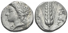 Lucania, Metapontum Nomos circa 330-290, AR 20mm., 7.51g. Wreathed head of Demeter l. Rev. Barley ear of seven grains, leaf to l.; tongs above leaf, A...