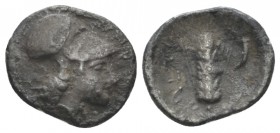 Lucania, Metapontum Diobol circa 325-275, AR 12mm., 0.99g. Head of Athena r., wearing crested Corinthian helmet. Rev. Barley-ear; in r. field, cornuco...